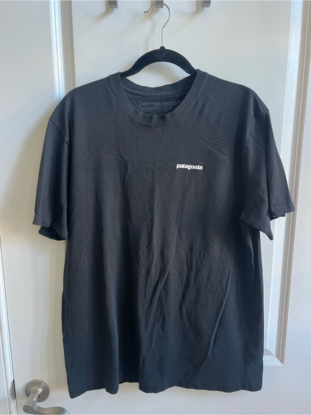 Patagonia Black Short Sleeve Crew with White Script Logo